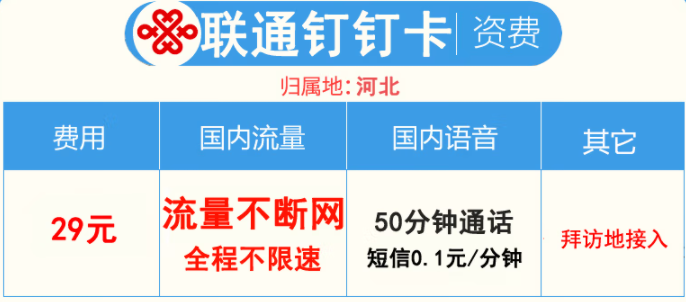 河北聯通釘釘卡29元包流量暢享+50分鐘（不限量不限速）