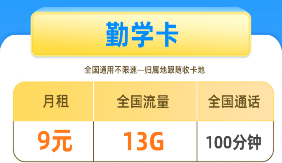 中國聯通勤學卡 9元13G全國流量+100分鐘+歸屬地可選