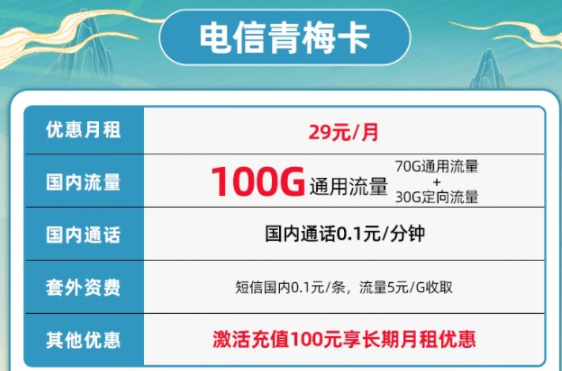 寧夏電信青梅卡29元享70G通用+30G定向APP流量 長(zhǎng)期套餐