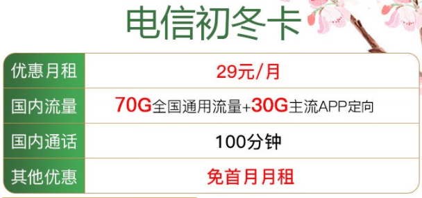 宜賓電信初冬卡 月租低至29元包70G全國通用流量+30G主流APP定向+100分鐘通話 免首月月租