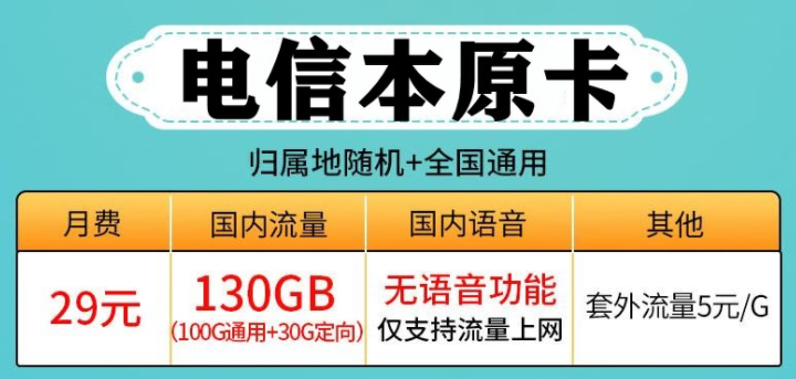 中國(guó)電信本原卡 純流量套餐29元130G全國(guó)流量學(xué)生通用卡