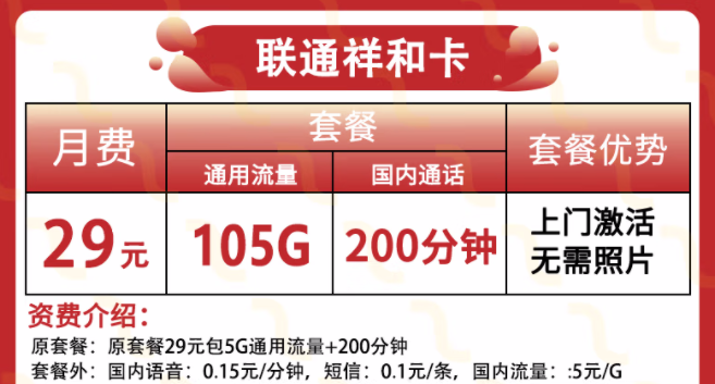 中國(guó)聯(lián)通無(wú)合約的流量卡套餐推薦 聯(lián)通祥和卡29元【105G通用+200分語(yǔ)音】