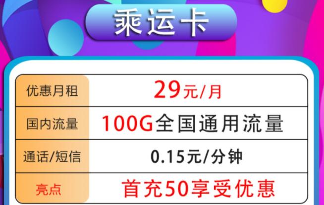 中國(guó)電信流量不限速的全國(guó)通用流量卡套餐 乘運(yùn)卡29元100G通用流量