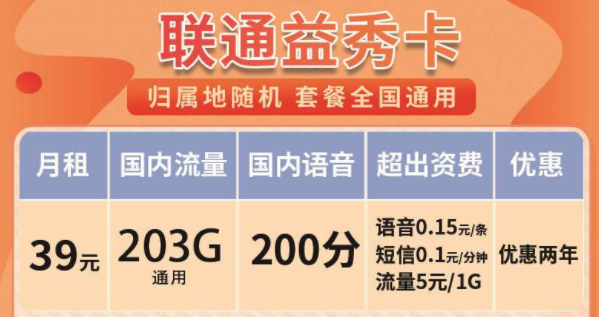 沒有定向流量的聯通流量卡套餐 聯通益秀卡月租39元=203G通用+兩年優惠