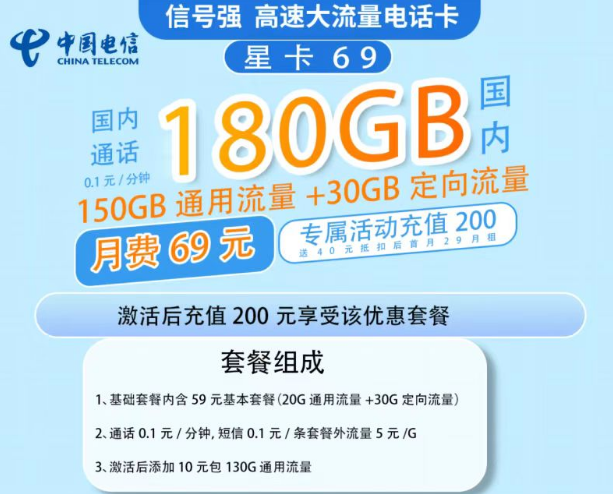 電信星卡的流量多嗎？69元流量星卡套餐寶150G通用流量+30G定向|超級劃算