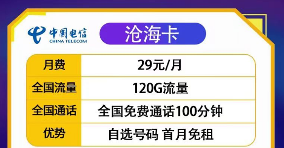 29元滄海卡120G流量+100分20年長期套餐|29元豐登卡100G+首月免費(fèi)