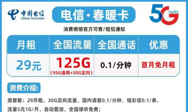 長期優惠電信春暖卡29元125G|短期優惠電信風雪卡9元110G|語音1毛+首月0元用