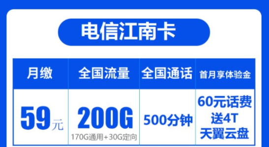 寧夏專用電信大流量卡|電信江南卡59元200G全國流量+500分鐘通話|首免