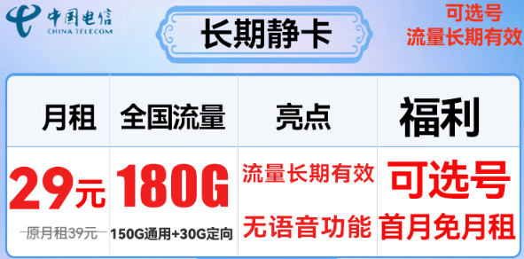 驚喜長期優惠卡|電信長期靜卡：39元長期180G流量