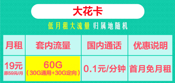 19元聯(lián)通大花卡60G流量+29元聯(lián)通黃金卡204G通用+100分鐘！